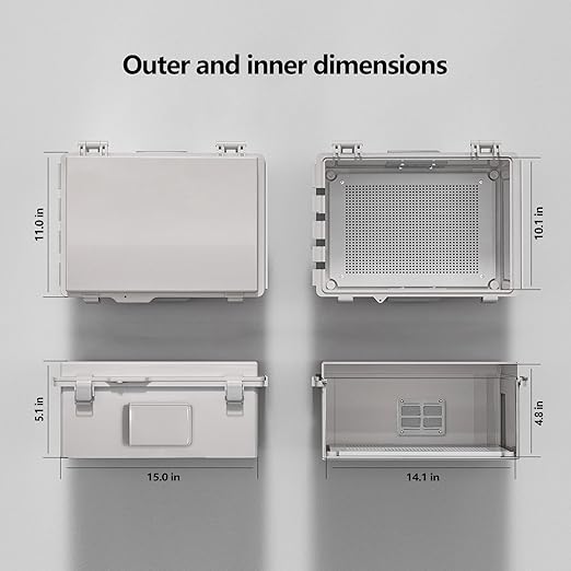 Electrical Junction Box, Ventilated Design, Cable Grommets, Indoor/Outdoor Use with Mounting Panel & Hinged Cover. Waterproof IP 65. (Grey Cover, 15"x11"x5.1") - Image 7
