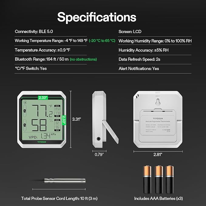 VIVOSUN AeroLab THB1S Wireless Bluetooth Hygrometer Thermometer Indoor, VPD, Digital Temp Humidity Meter, LCD Smart App Control & Alert, Data Storage, Dual Channels with Sensor Probe, Battery Included - Image 8