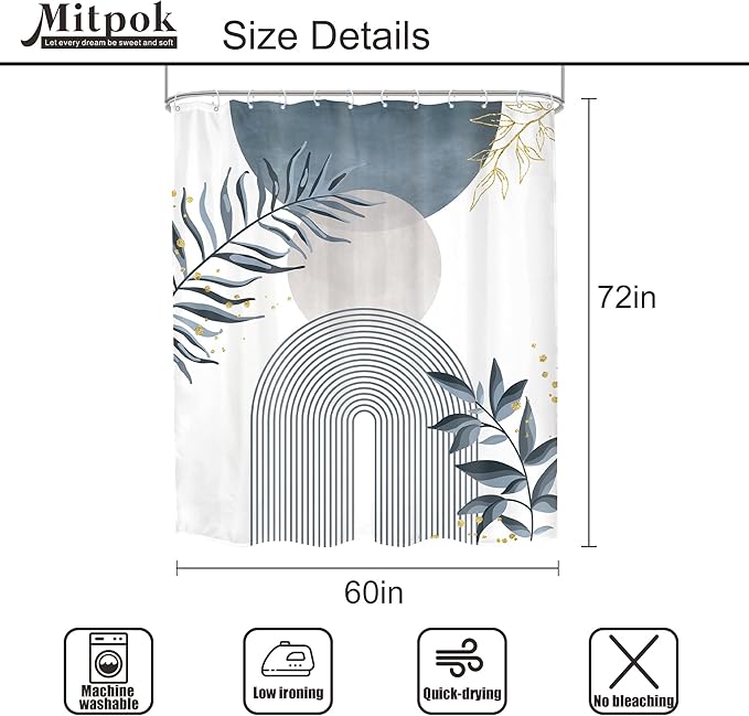 Blue Gray Boho Shower Curtain 60Wx72H Abstract Grey Bohemian Modern Leaves Mid Century Minimalist Plant Bathroom Decor Contemporary Simple Neutral Bath Curtain Fabric Polyester 12 Pack Hooks - Image 5