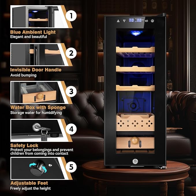 Electric Cooler Cabinet 35L with Temperature and Humidity Control, Spanish Cedar Wood Shelves and Safety Lock (300 Counts Capacity), Gift for Men - Image 5