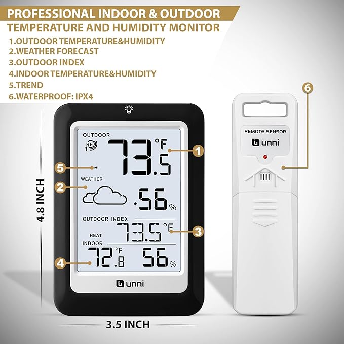 Indoor Outdoor Thermometer Hygrometer Wireless Weather Station, Temperature Humidity Monitor Battery Powered Inside Outside Thermometers with 330ft Range Remote Sensor(Black) - Image 5