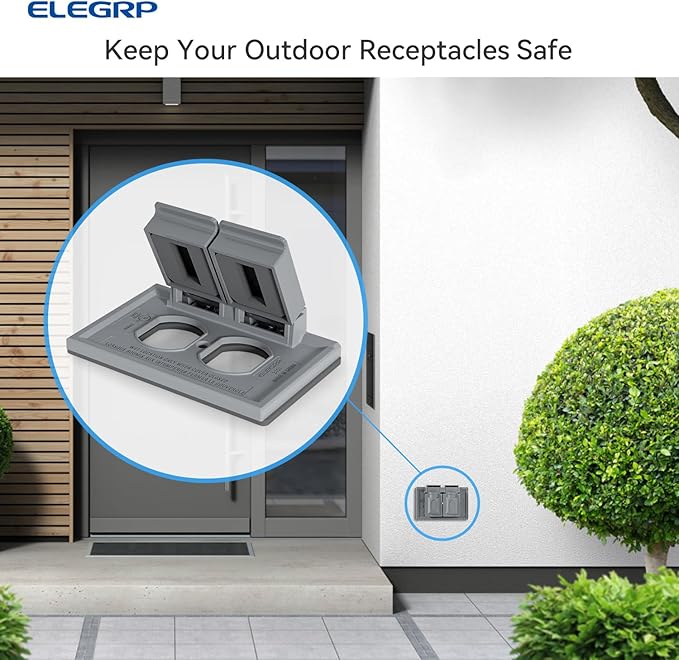 ELEGRP Horizontal Outdoor Cover for Duplex Receptacles, 2-Hole Weatherproof Wall Plate, Outdoor Electrical Outlet Cover, Standard Size 1-Gang 4.55” x 3.02”, Thermoplastic, 2 Pack, Grey - Image 6