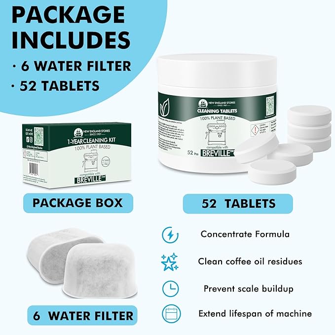 6 Pack Breville Compatible Charcoal Filters with 52 Cleaning Tablets, 1 Year Breville Compatible Maintenance Kit, Espresso Machine Clean Kit for Breville Barista Pro, Breville Infuser and more - Image 2