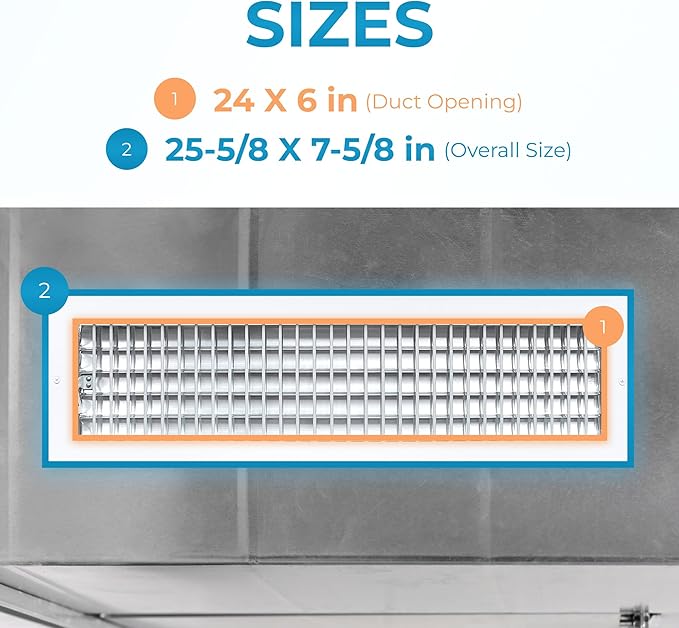 Aluminum 24 x 6 Air Vent Cover – Adjustable Grille with Damper – Overall Size 25-5/8 x 7-5/8 – Rustproof HVAC Wall Register for Quiet Airflow – White Finish - Image 3