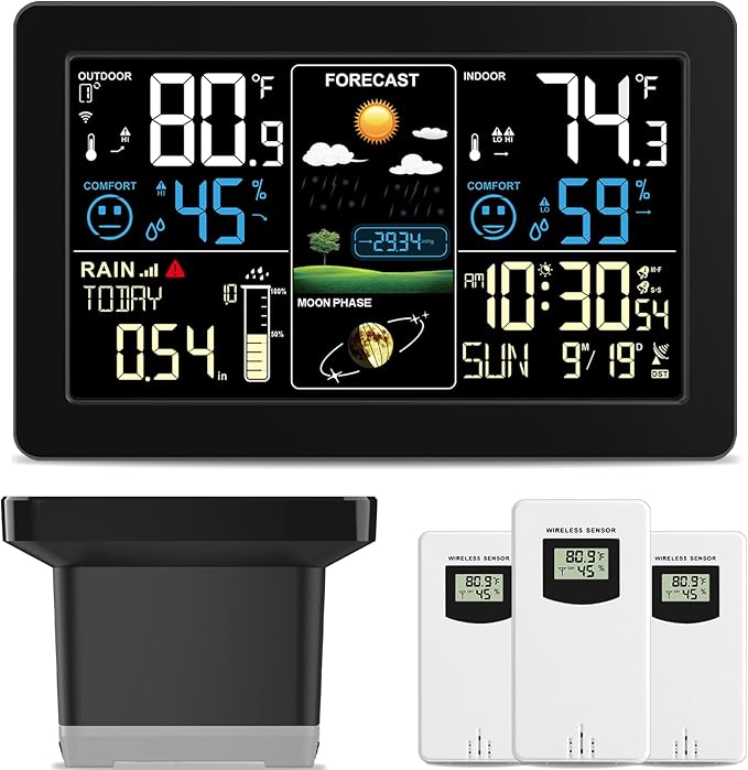 Weather Station with Rain Gauge Outdoor, Home Weather Stations Wireless Indoor Outdoor with Digital Rain Gauges, Thermometer, Barometer, Hygrometer, Atomic Clock, Weather Forecast, with 3 Sensor by BIUWING