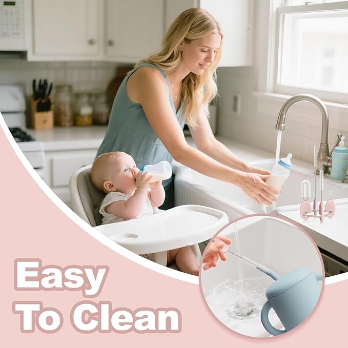 YOTIME Standing Straw Cleaner Brush Set, 4in1 Reusable Straw Brushes with Holder Ring, for Baby Bottles, Sippy Cups and Lids, Pink - Image 3