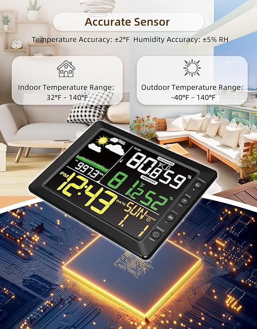 DOOMAY Indoor Outdoor Wireless Weather Station | Digital Thermometer Hygrometer Monitor with Barometric Pressure, Weather Forecast, Alarm Clock & Temp/Humidity Calibration - Image 8