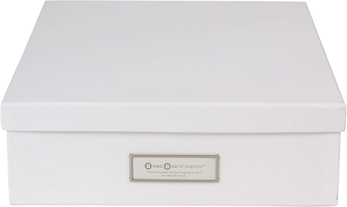 Bigso Oskar Fiberboard Label Frame Document Letter Box - File Organizer Box for Important Paperwork - Durable Document Storage with a Lid & Metal Label Window - 3.3 in x 10.2 in x 13.8 in - White - Image 2