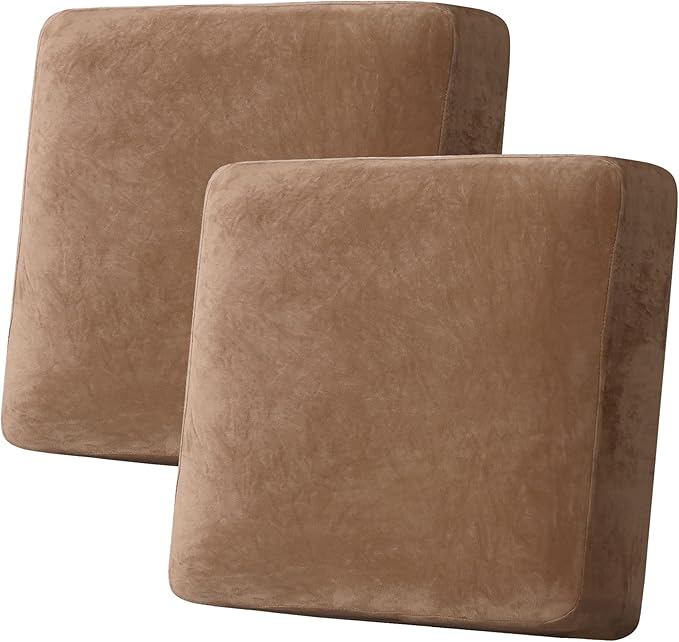 H.VERSAILTEX Velvet Stretch Couch Cushion Cover Plush Cushion Slipcover for Chair Loveseat Sofa Cushion Furniture Protector Seat Cushion Sofa Cover (2 Piece Large Sofa Cushion Covers, Camel) by HVERSAILTEX