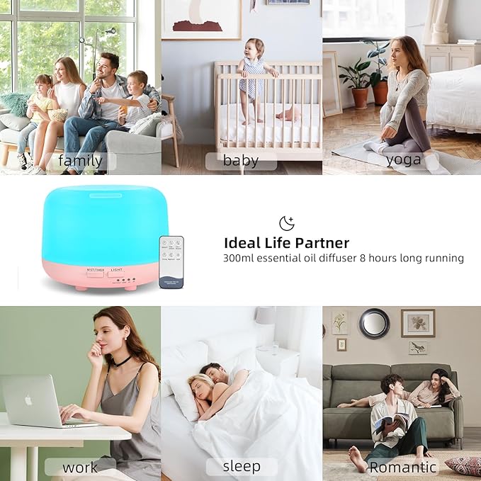300ML Essential Oil Diffusesrs Remote Control, Aromatherapy Ultrasonic Diffuser, Cool Mist Aroma Humidfier Diffuser, 7 Color Changing LED Light, Auto-Off, Timer for Home, Room, Office, Kids.(Pink) - Image 6