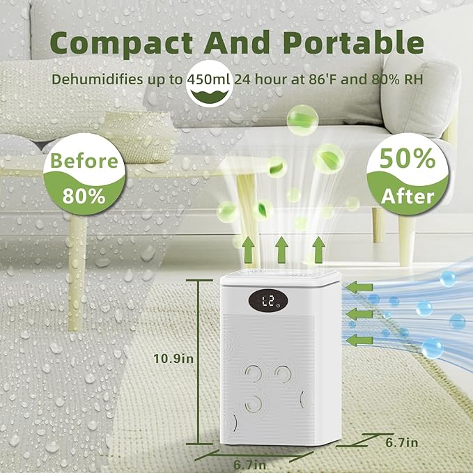 MTOX® Dehumidifier, 75oz Small Quiet Dehumidifiers for Home Bathroom Bedroom Basement RV,Sleep Mode, Auto Shut Off, 7 Colors LED Light, Green and white - Image 2