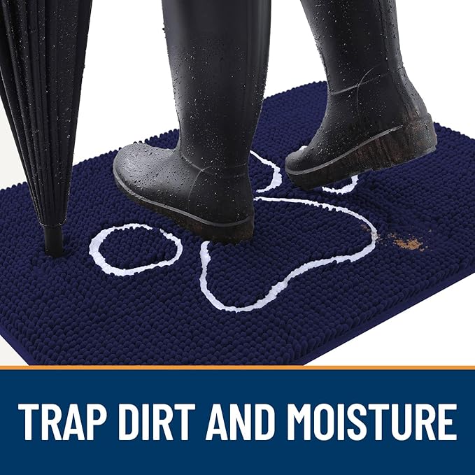 OLANLY Dog Door Mat for Muddy Paws 30x20, Paw Print Design, Absorbs Moisture and Dirt, Absorbent Non-Slip Washable Doormat, Quick Dry Chenille Mud Mat for Dogs, Entry Indoor Entryway Carpet, Navy Blue - Image 2