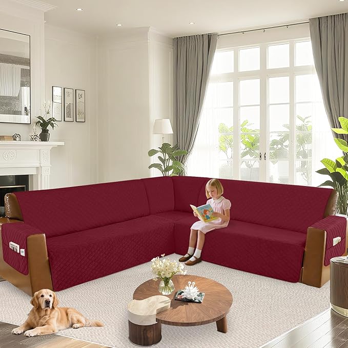 Arfntevss Waterproof Sectional Couch Covers L Shape Washable Velvet Sofa Cover for Sectional Non Slip Large Corner Slipcovers Dog 6 Pcs Universal U Shaped Furniture Protector (Wine Red, XX-Large) - Image 6