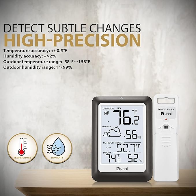 Indoor Outdoor Thermometer Wireless Weather Station, Temperature Humidity Monitor Battery Powered Inside Outside Thermometers with 330ft Range Remote Sensor and Backlight Display（Metal Black） - Image 5