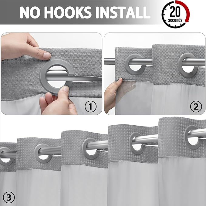 Grey Shower Curtain and Liner Set,230GSM Waffle Weave Textured Heavy Duty Hotel No Hook Shower Curtain 75" L x 72" W - Image 3