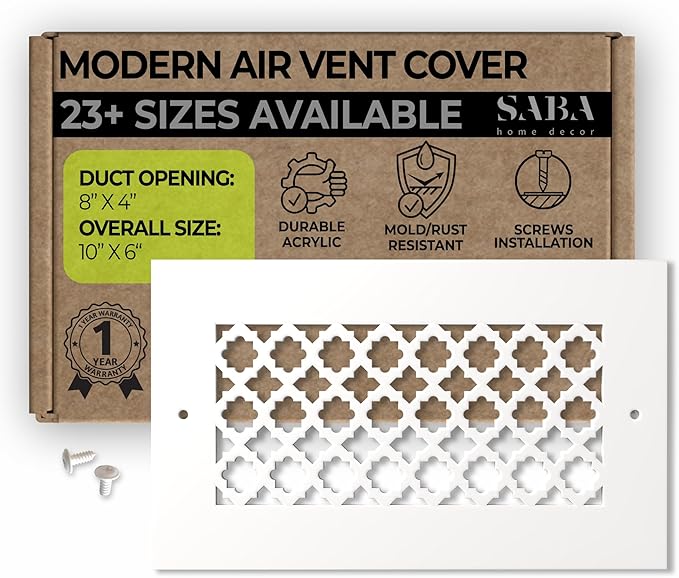 SABA Home Decor Air Vent Cover Grille - Acrylic Plexiglass 4" x 8" Duct Opening, 6" x 10" Overall Decorative Covers for Walls & Ceilings NOT for Floor USE, Venetian (4" x 8" with Screws, White) by SABAHomeDecor