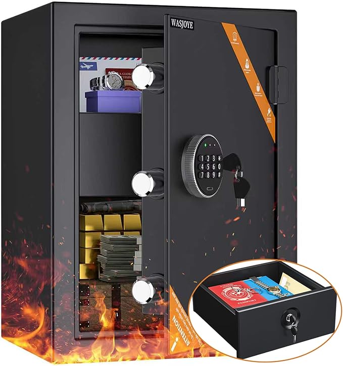 WASJOYE Fireproof Cabinet Safe Box - 2.5 Cubic Feet Home Security Safes with Fireproof Lock Drawer, Smart Cabinet Safe Box Safety Key Lock Type-C Port Alarm System for Home Office Hotel Storage by WASJOYEUS