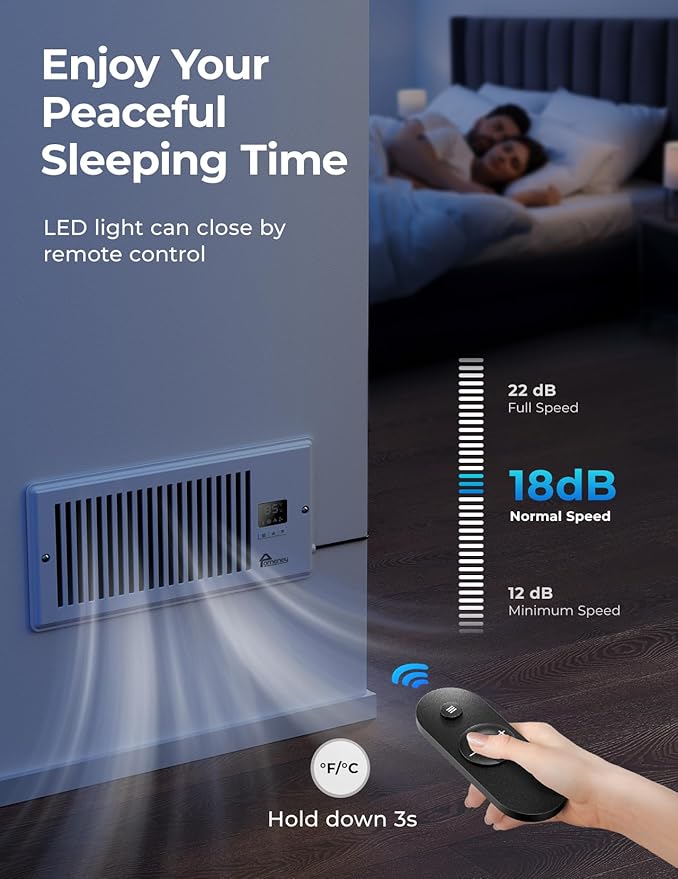 Register Booster Fan, Fits 4” x 10” 140CFM with Remote Control, Smart Vent Fan Booster with Adjustable 10-Speed Control, Quiet Heating Cooling with Thermostat Control for Wall, Floor - Image 6