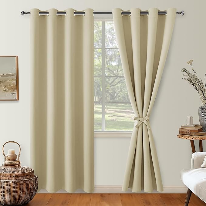 Hiasan Blackout Curtains for Bedroom, 52 x 84 Inches Long - Thermal Insulated & Light Blocking Window Curtains for Living Room, 2 Drape Panels Sewn with Tiebacks, Light Beige - Image 2