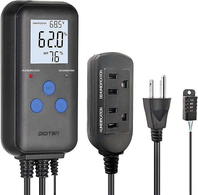 DIGITEN Humidity Controller Pre-Wired Digital Humidistat with Temperature Display, Dual-Stage Outlet Humidifier /Dehumidifier for Mushroom,Reptile, Greenhouse, Fan, Grow Tent by DIGITEN