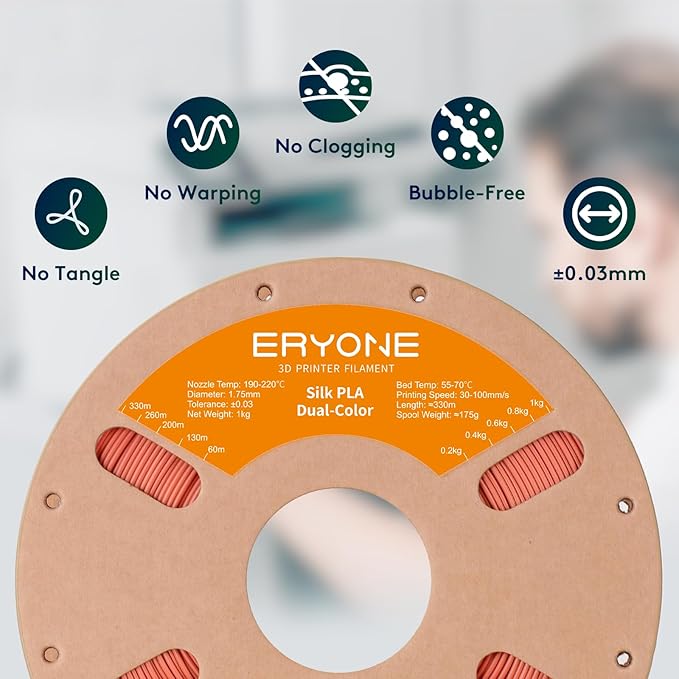 ERYONE Silk Dual Color PLA Filament 3D Printer 1.75mm +/- 0.03mm, Bicolor Filament Two Tone PLA 1KG(2.2lbs) Cardboard Spool, Gold Copper - Image 4
