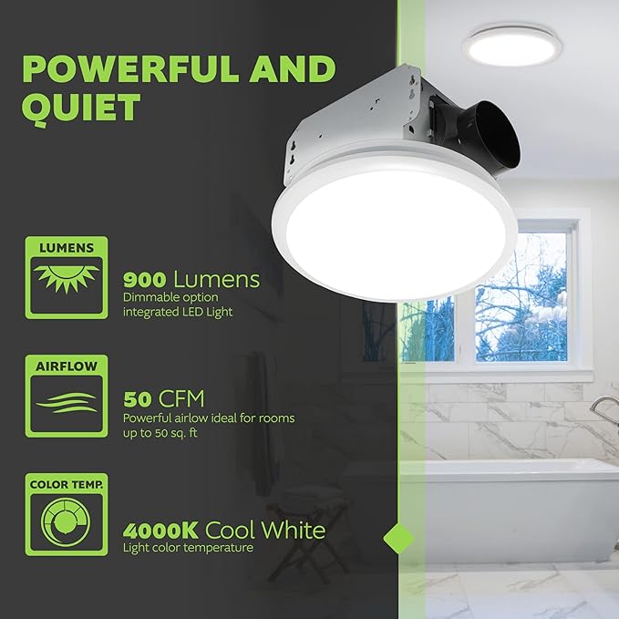 Homewerks 7141-50 Bathroom Fan Integrated LED Light Ceiling Mount Exhaust Ventilation 0.7 Sones 50 CFM, White - Image 3
