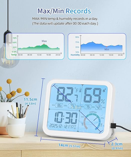 VOCOO 5.8" Large Display Indoor Thermometer Hygrometer - Backlight LCD with Comfort Indicator, Max/Min Records, Clock & Calendar, Dual Power (USB/Battery), Wall Mount or Tabletop - Image 8