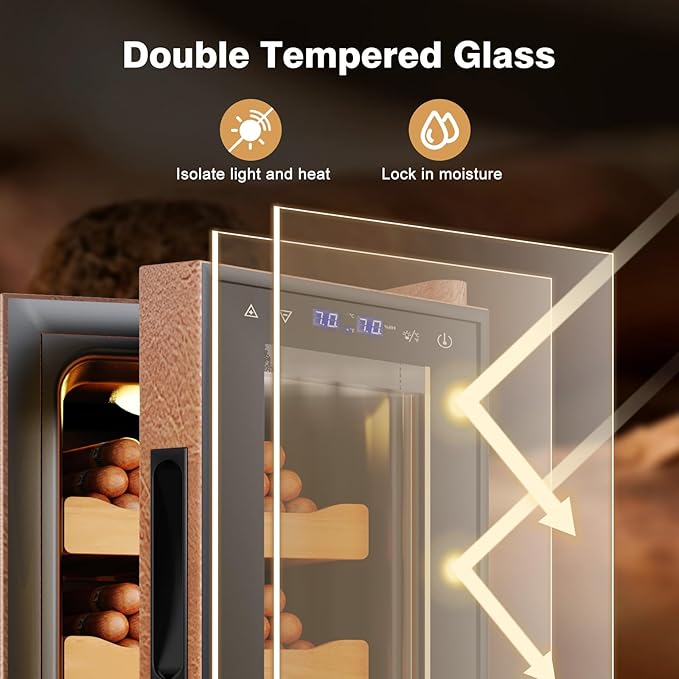 Electric Cooler Cabinet 35L with Temperature and Humidity Control, Leather Finish, Spanish Cedar Wood Shelves and Safety Lock (300 Counts Capacity), Gift for Men - Image 8