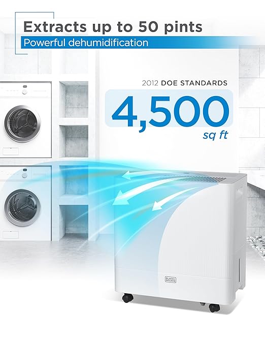 BLACK+DECKER 50-Pint Portable Dehumidifier with Built-in Pump, Dehumidifier with Pump for up to 4500 Sq. Ft., For Home and Large Spaces, Removable Bucket and Drain Hoses Included, BD50PMWSA, White - Image 2