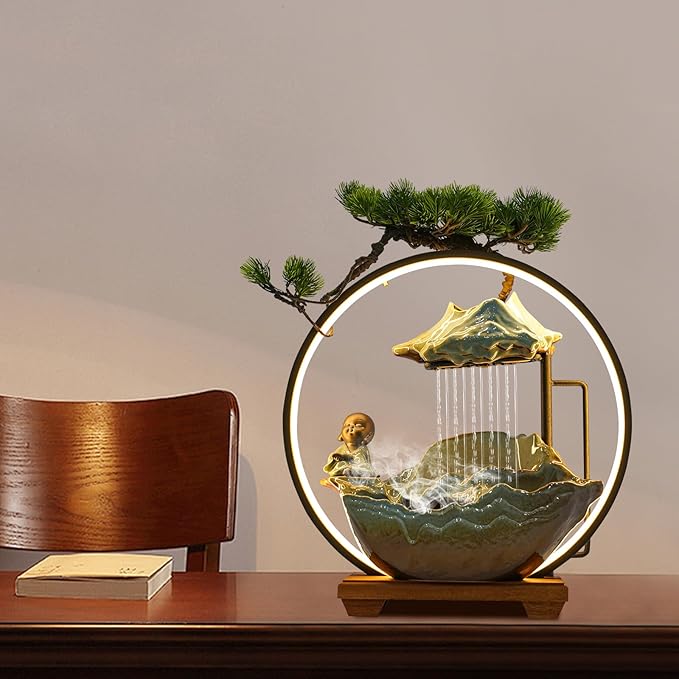 Water Fountains Indoor Tabletop Waterfall Humidifier W/LED Light & Atomizer Mist &Cute Monk Statue, Zen Decor Meditation Japanese Decor Fake Plants Feng Shui Decor Festival Birthday Gift - Image 9