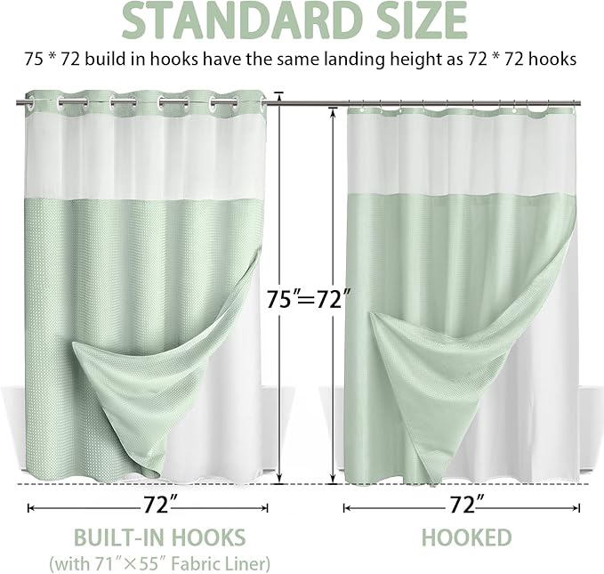 No Hook Shower Curtain and Liner Set,Mint Green Hotel Waffle Shower Curtain with Liner 75" L x 72" W - Image 6