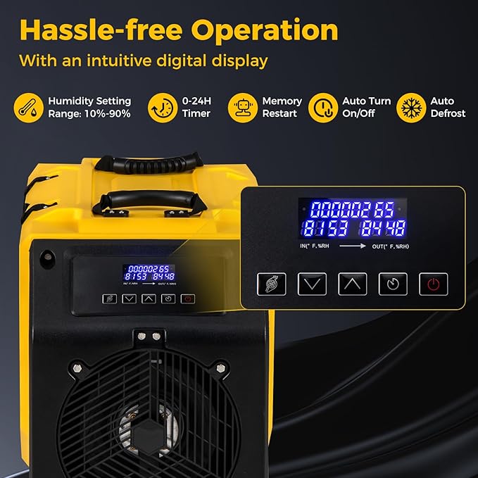 COSTWAY 190 PPD Commercial Dehumidifier with Pump, Rotational Molded Crawl Space Dehumidifier with 26Ft Drain Hose for Water Damage Restoration, Basement (Yellow) - Image 5