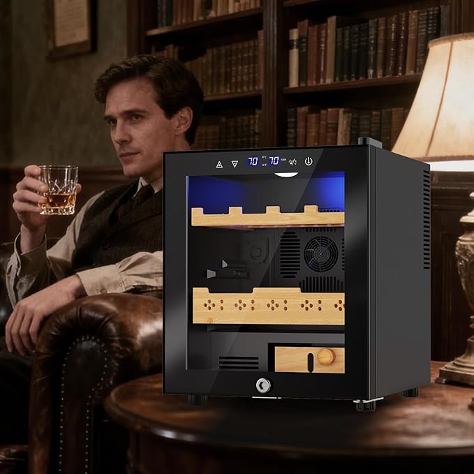 Electric Humidor-50L Cooling & Heating Humidor, Smart Touch Control Humidity & Temp Humidors wtih Spanish Cedar Wood Tray and Drawer, Digital Display, Safety Lock, Desktop Gift for Men - Image 7