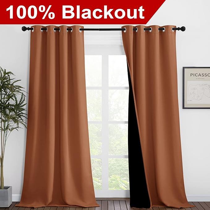 NICETOWN Burnt Orange Blackout Curtains 90 inches Long, Full Light Blocking Drapes with Black Liner for Nursery, Thermal Insulated Draperies for Hall, Villa (2 Pieces, 46" Wide Each Panel) - Image 2