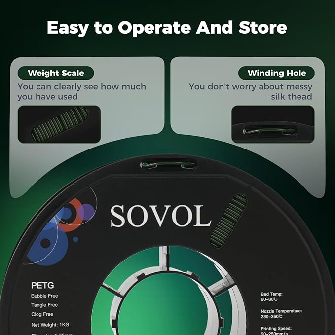 Sovol 3D Printer PETG Filament 1.75mm 1KG (2.2lbs), High Precision, Strong Toughness, Wiring Tightness, Dimensional Accuracy +/- 0.03 mm, 3D Printing PETG Filaments, Army Green - Image 7