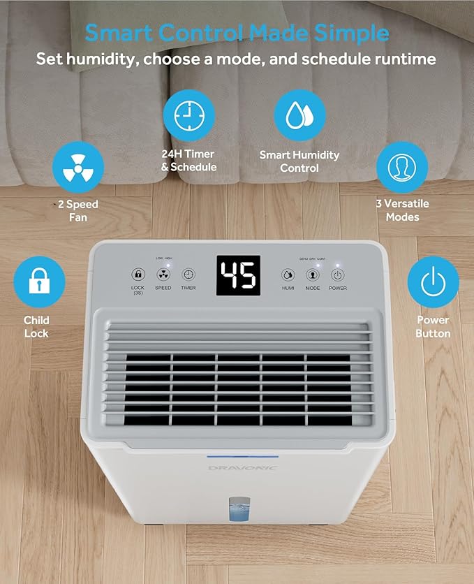 21 Pints Dehumidifier for Basement, 1500 Sq. Ft Dehumidifiers for Home with Drain Hose, Quiet Smart Humidity Control for Bedroom Bathroom with Auto Shut Off, 24H Timer - Image 5