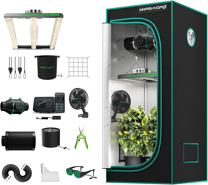 MARS HYDRO 3x3 Smart Grow Tent Kit Complete System with WiFi-Integrated Controller 43,150W FC-E1500 Dimmable Grow Light,32" x 32" x 63" 1680D High Reflective Mylar,4inch Automatic Ventilation Kit by MARSHYDRO