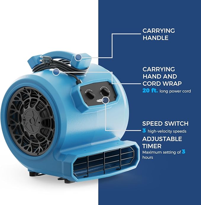 ALORAIR 4000 CFM Air Mover Blower Fan for Industrial, Floor Drying Fan, Carpet Dryer - Timer, Stackable, 3 Speeds, 5 Adjustable Angles Ideal for Water Damage Restoration and Plumbing - GE4000T - Image 3
