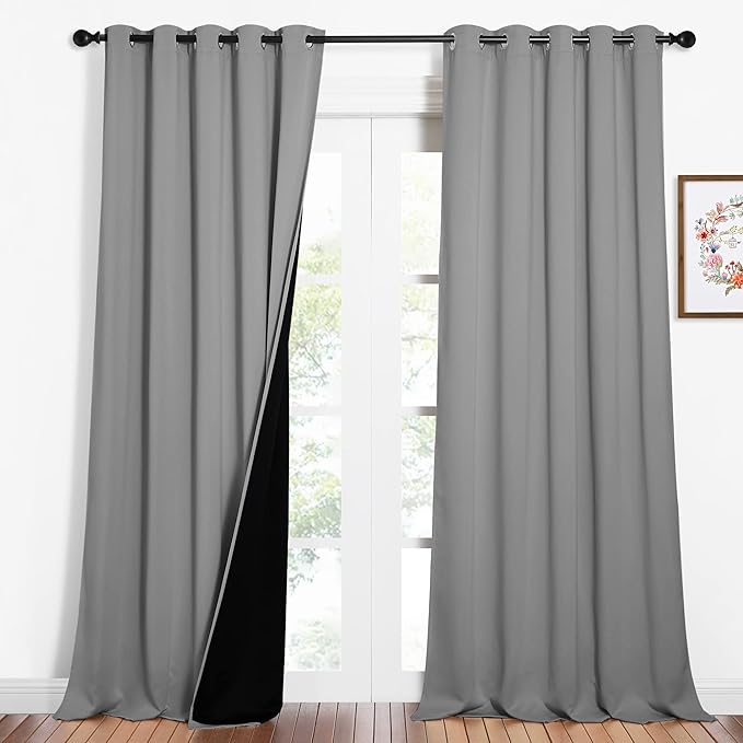NICETOWN Total Shade Curtains and Draperies, Heavy-Duty Full Light Shading Drapes with Black Liner Backing for Villa/Hall/Dorm Window（Silver Grey, Package of 2 Panels, 62 inches Wide x 95 inches Long by NICETOWN