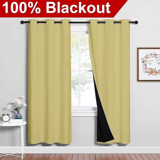 NICETOWN Paler Yellow Full Shade Curtain Panels, Pair of Energy Smart & Noise Blocking Out Blackout Drapes for Dining Room Window, Thermal Insulated Guest Room Lined Window Dressing(42 x 72 inch) - Image 2