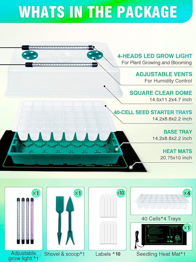 Seed Starter 4 Pack 160-Cell Tray with Grow Lights and Heat Mat,Seed Growing Tray, Germination & Plant Propagation Station for Indoor Plants - Image 2