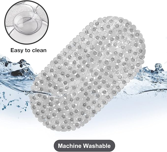 WELTRXE Pebbles Bathtub Mat Non Slip Oval Shower Mat with Suction Cups, Drain Holes, 27 x 14 Inch Plastic Bathroom Tub Mats Machine Washable, BPA, Latex Free Safety Mat for Bath Tub, Clear Gray - Image 3