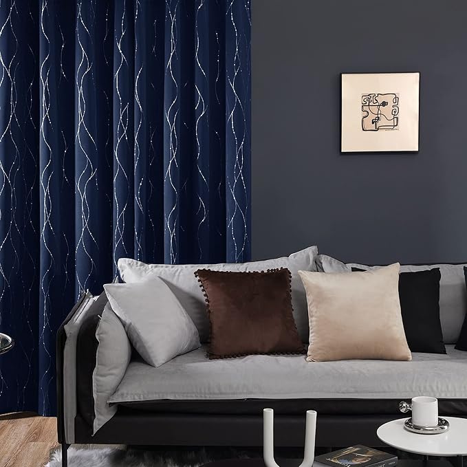 Deconovo Navy Blue Curtains, Blackout Curtain for Bedroom, 42 x 72 Inch, Thermal Insulated Soundproof Privacy Drapes with Silver Wave Dots Pattern, Grommet Top, Machine Washable Panel for Living Room - Image 3