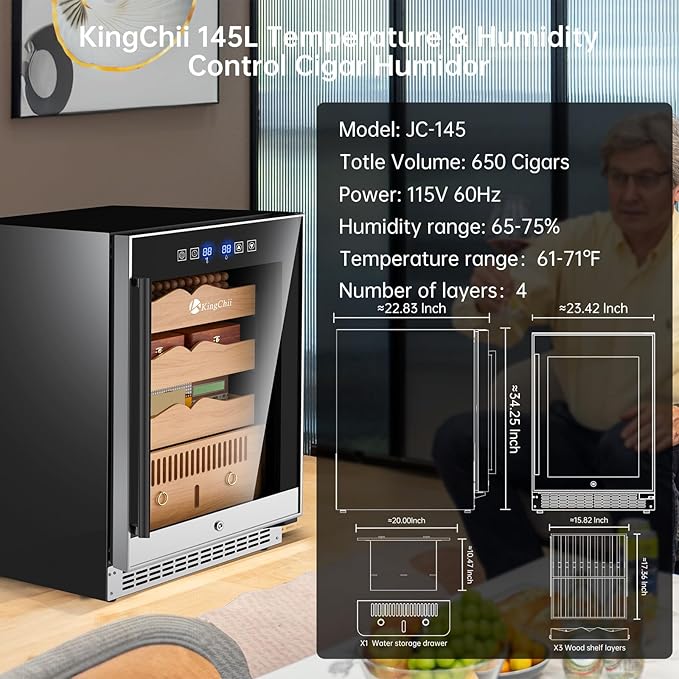 KingChii 145L Electric Cigar Humidor Temperature & Humidity Control,with Spanish Cedar Wood Shelves & Drawer Hygrometer Father's Day Gifts For Men (650 Capacity) - Image 6