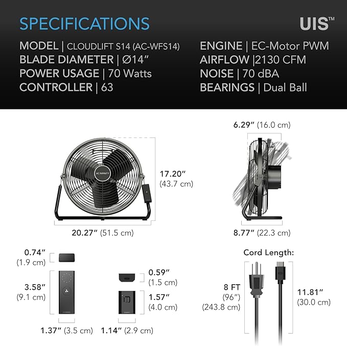 AC Infinity CLOUDLIFT S14, Industrial Wall Fan 14” with Wireless 10-Speed Controller, EC-Motor High-Velocity Shop Fan Floor Stand or Wall Mount, for Hydroponics, Greenhouses, Workshop Circulation - Image 7