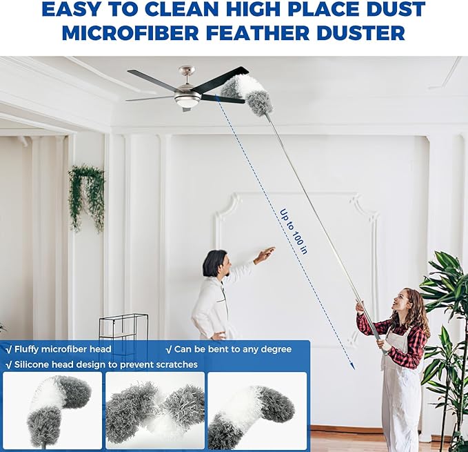 4 Pcs Dusters for Cleaning, 2 in 1 Microfiber Dusters and Retractable Gap Dust Cleaner with 1 Microfiber Dusting Cloths Long Handle 30-100 Inches Extension Pole for Ceiling Fan Cleaning Supplies - Image 6