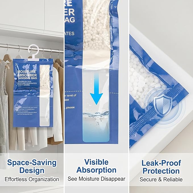 Dehumidifier Bags Hanging Moisture Absorbers – 4 Packs Dehumidifiers for Home Closet Bathroom Basement, Hanging Bag Desiccant Packs for Bedroom RV Camper, Odor Absorber Household Essentials - Image 2