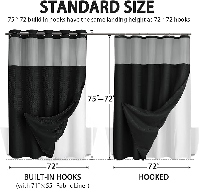 No Hook Shower Curtain and Liner Set,Black Hotel Waffle Shower Curtain with Liner 75" L x 72" W - Image 6