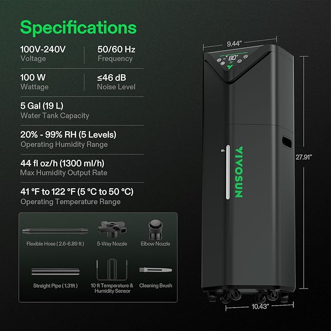 VIVOSUN AeroStream H19 Intelligent Environmental 19L Humidifier with Temp & Humidity Probe, Top Control Panel, Smart Remote Control, Designed Specifically for Use with Grow Tents - Image 7