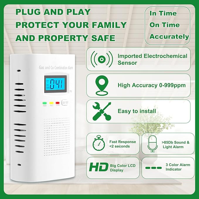 Combination Gas and Carbon Monoxide Detector Plug-in | CO Alarm & Natural Gas Combustible Detector | Digital Display, Battery Backup, Easy Install | for Home Kitchen Safety Monitoring 2-Pack - Image 3